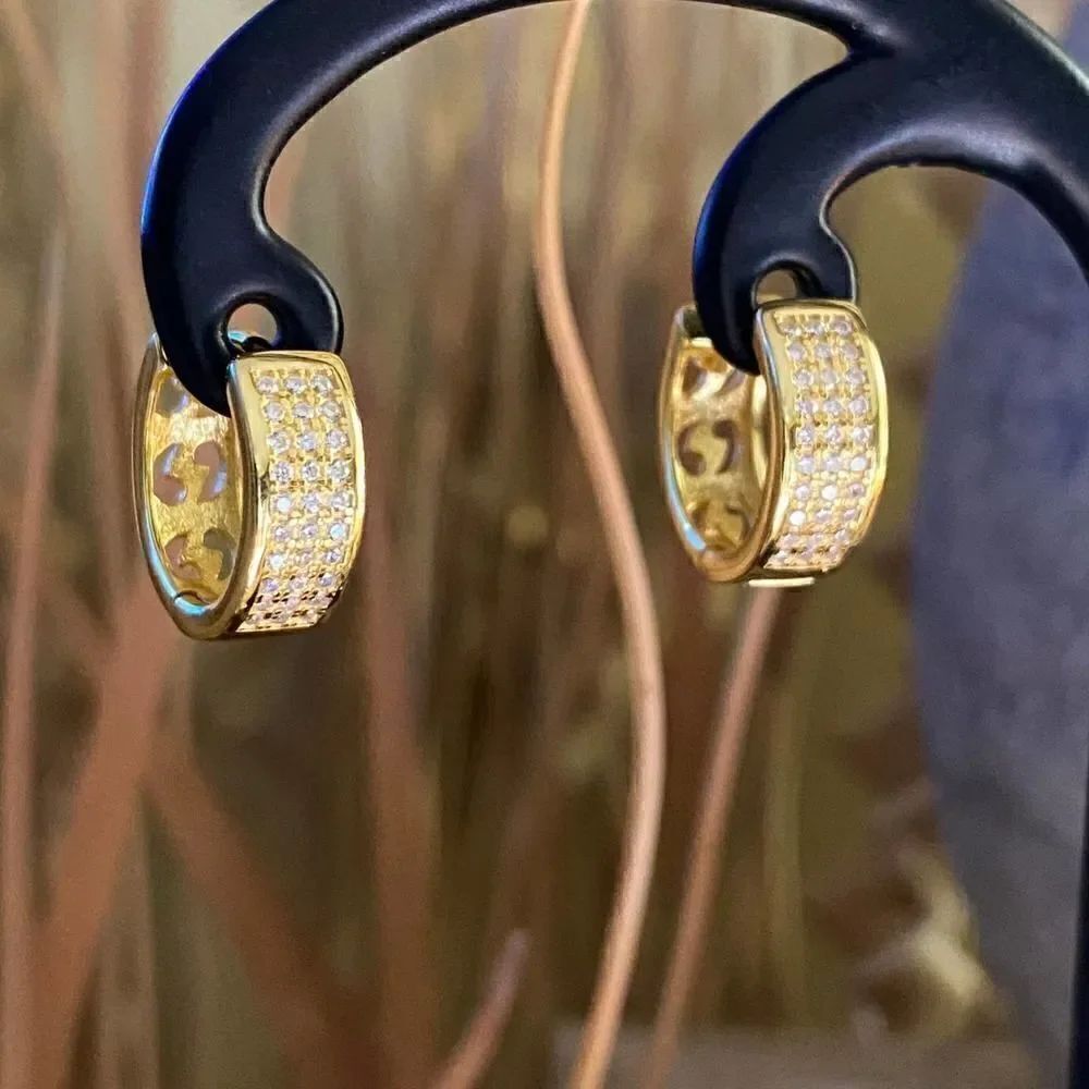 Micro Pave 14K CZ Sterling Silver Gold Hoop Earrings